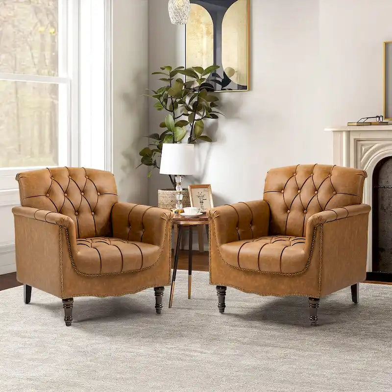 Lot de 2 fauteuils d'appoint capitonnés en cuir végétalien, fauteuil avec clous décoratifs