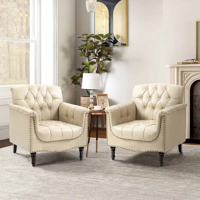Lot de 2 fauteuils d'appoint capitonnés en cuir végétalien, fauteuil avec clous décoratifs