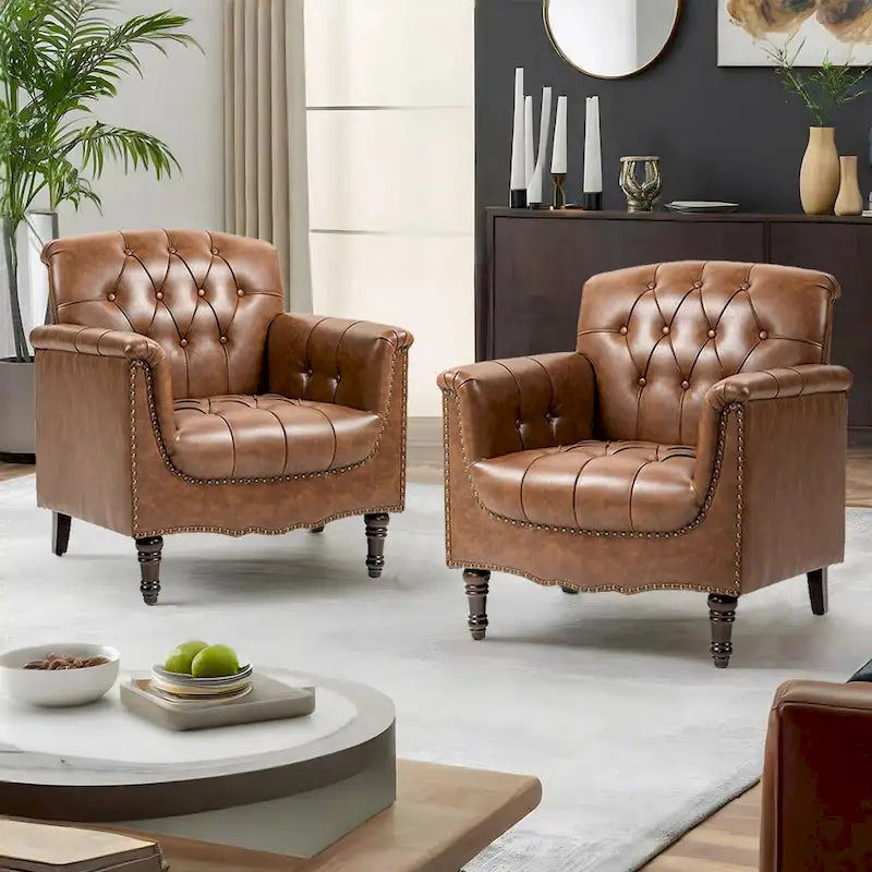 Lot de 2 fauteuils d'appoint capitonnés en cuir végétalien, fauteuil avec clous décoratifs