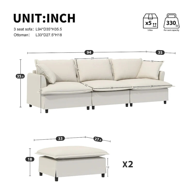 Ensemble canapé nuage en forme de U canapé sectionnel en chenille avec ottoman, coussins