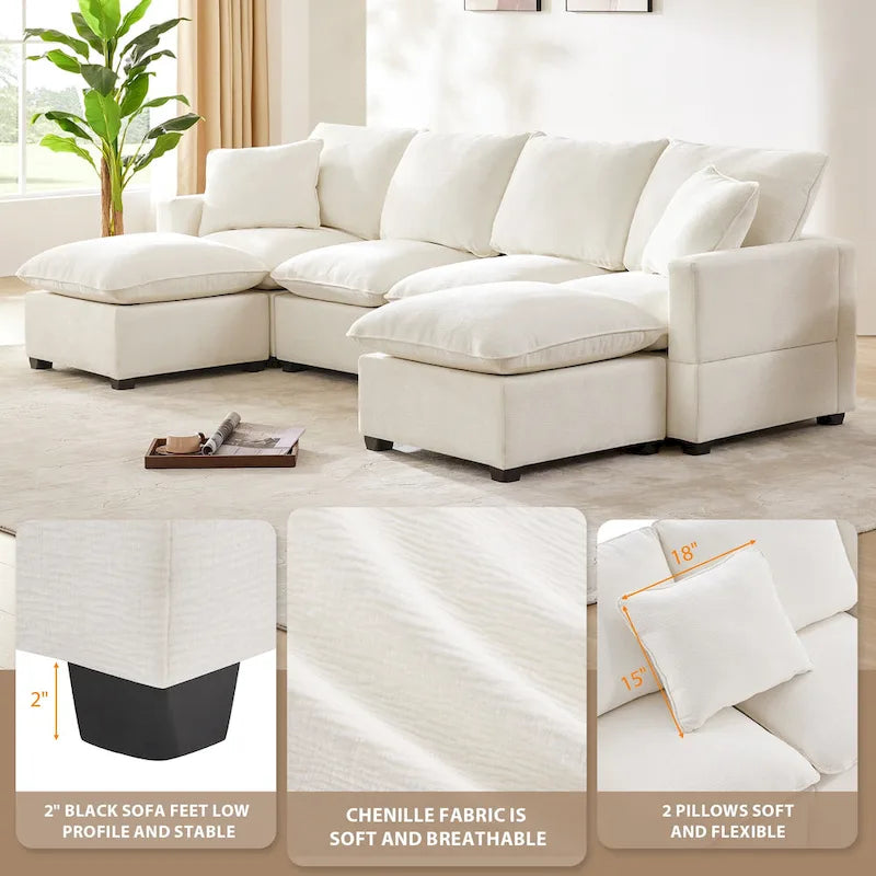 Canapé modulable en U, 6 places, en chenille, avec assise profonde