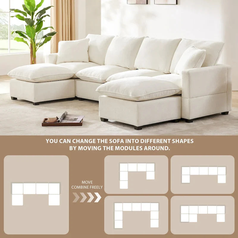 Canapé modulable en U, 6 places, en chenille, avec assise profonde