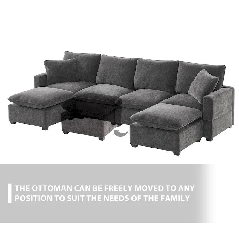 Canapé modulable en U, 6 places, en chenille, avec assise profonde