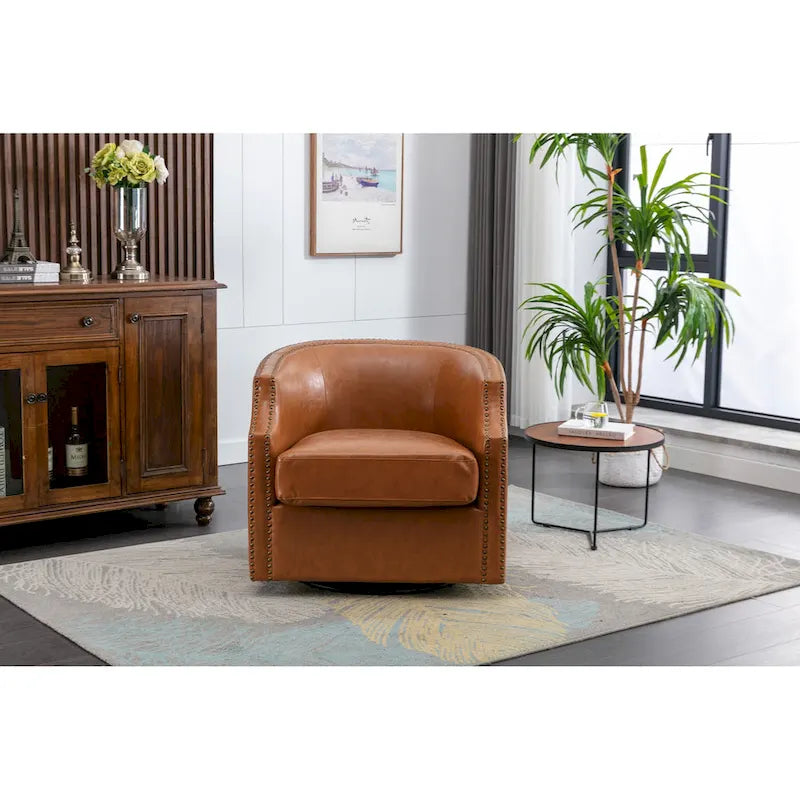 Fauteuil pivotant à 360 degrés en similicuir/lin et rivets GALDWIN pour salon