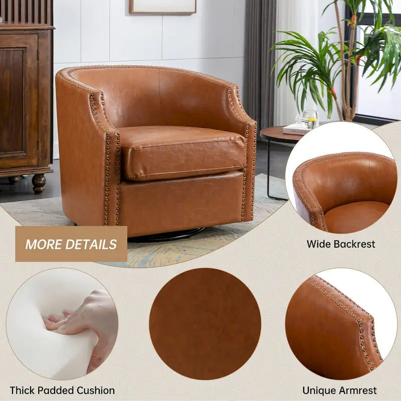 Fauteuil pivotant à 360 degrés en similicuir/lin et rivets GALDWIN pour salon
