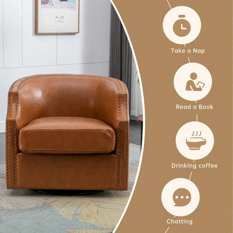 Fauteuil pivotant à 360 degrés en similicuir/lin et rivets GALDWIN pour salon