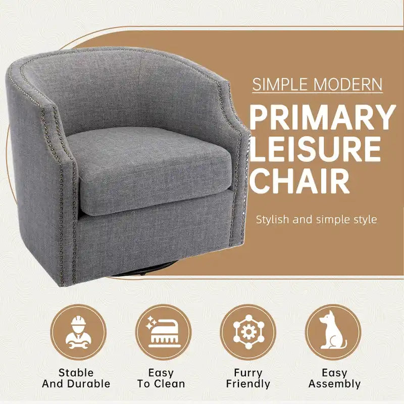Fauteuil pivotant à 360 degrés en similicuir/lin et rivets GALDWIN pour salon