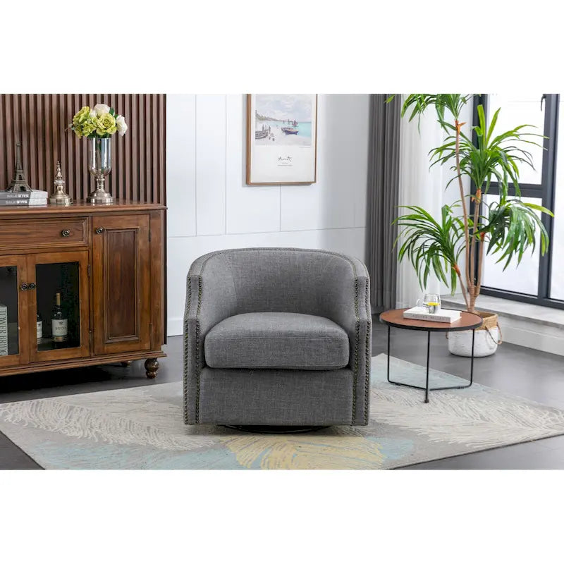 Fauteuil pivotant à 360 degrés en similicuir/lin et rivets GALDWIN pour salon