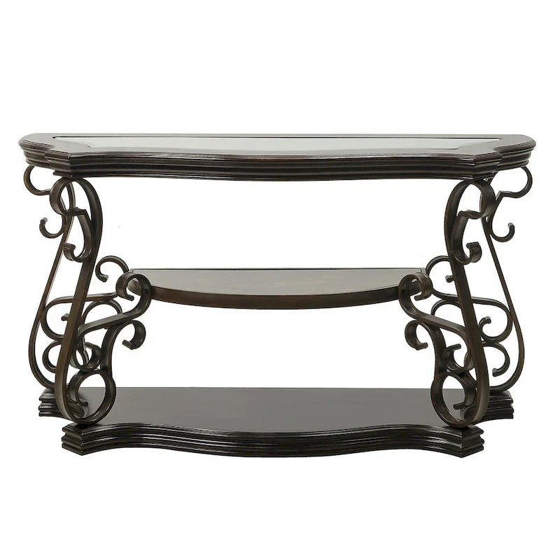 Console de canapé d'entrée en verre trempé brun foncé avec étagère