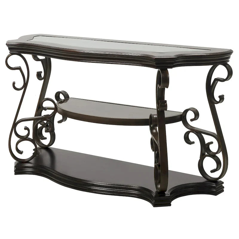 Console de canapé d'entrée en verre trempé brun foncé avec étagère
