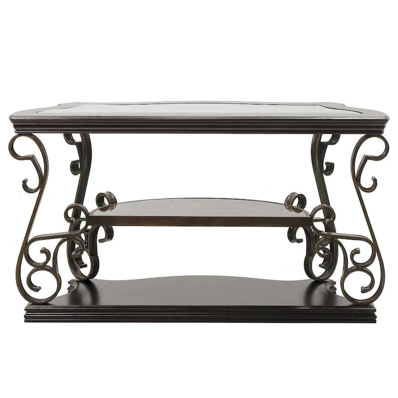 Console de canapé d'entrée en verre trempé brun foncé avec étagère