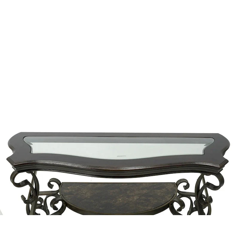 Console de canapé d'entrée en verre trempé brun foncé avec étagère