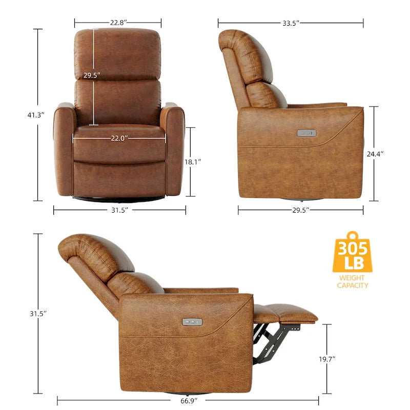 Fauteuil Inclinable Pivotant Électrique à Bascule en Cuir PU avec Support Lombaire et Port USB