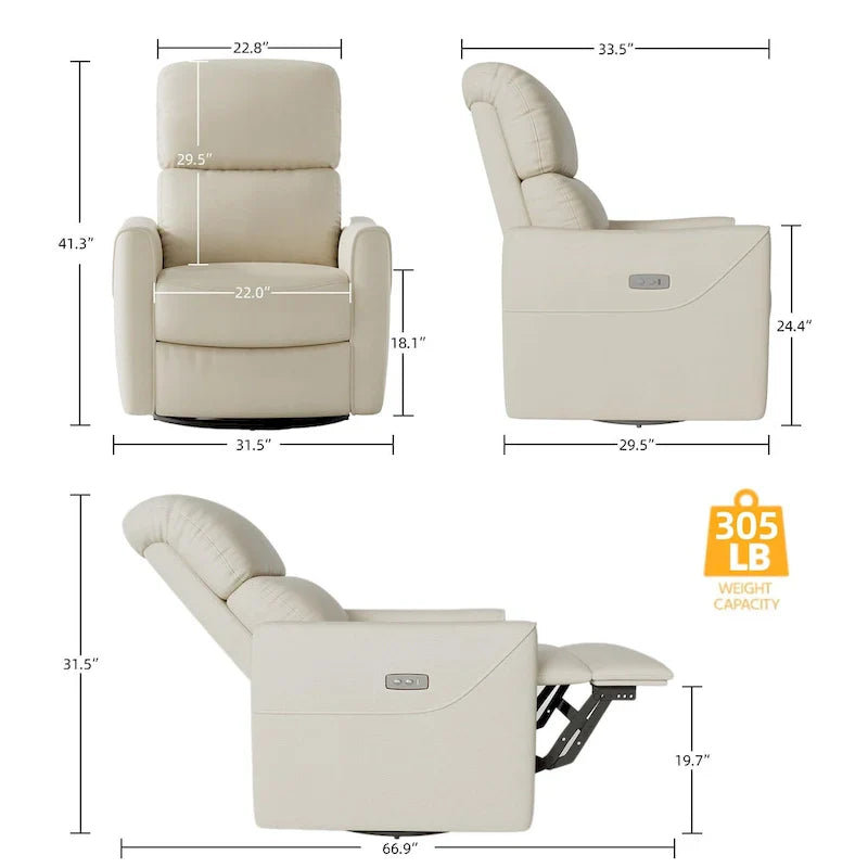Fauteuil Inclinable Pivotant Électrique à Bascule en Cuir PU avec Support Lombaire et Port USB