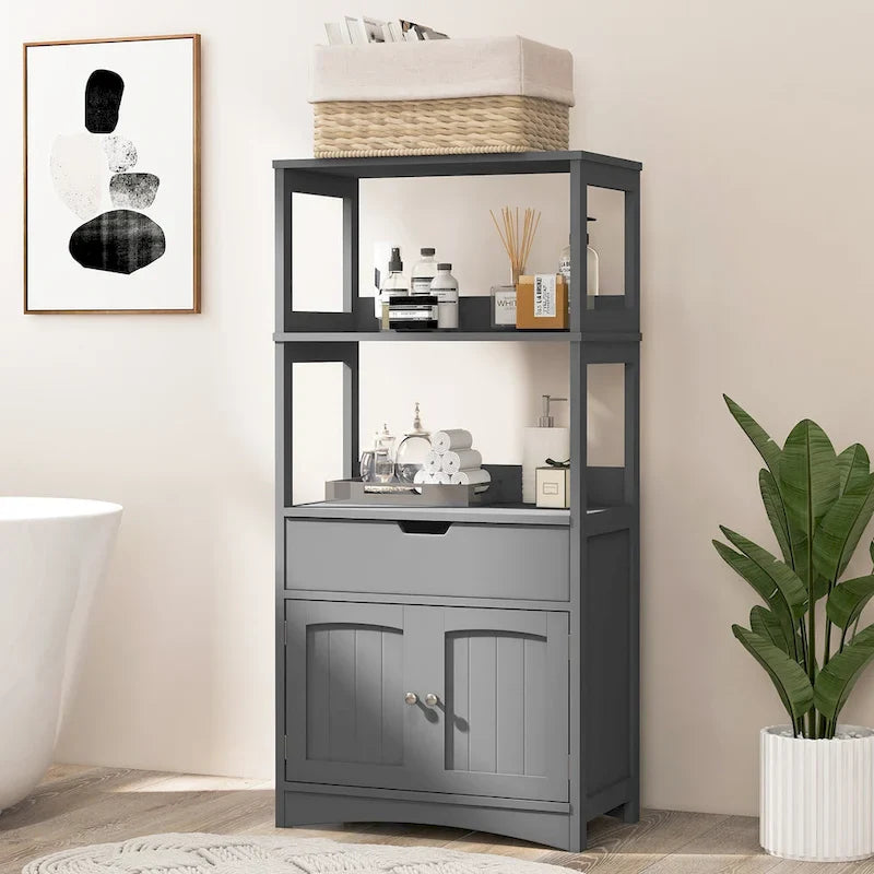 Meuble de rangement de salle de bain Gymax avec tiroir, étagère et armoire de sol - Voir détails