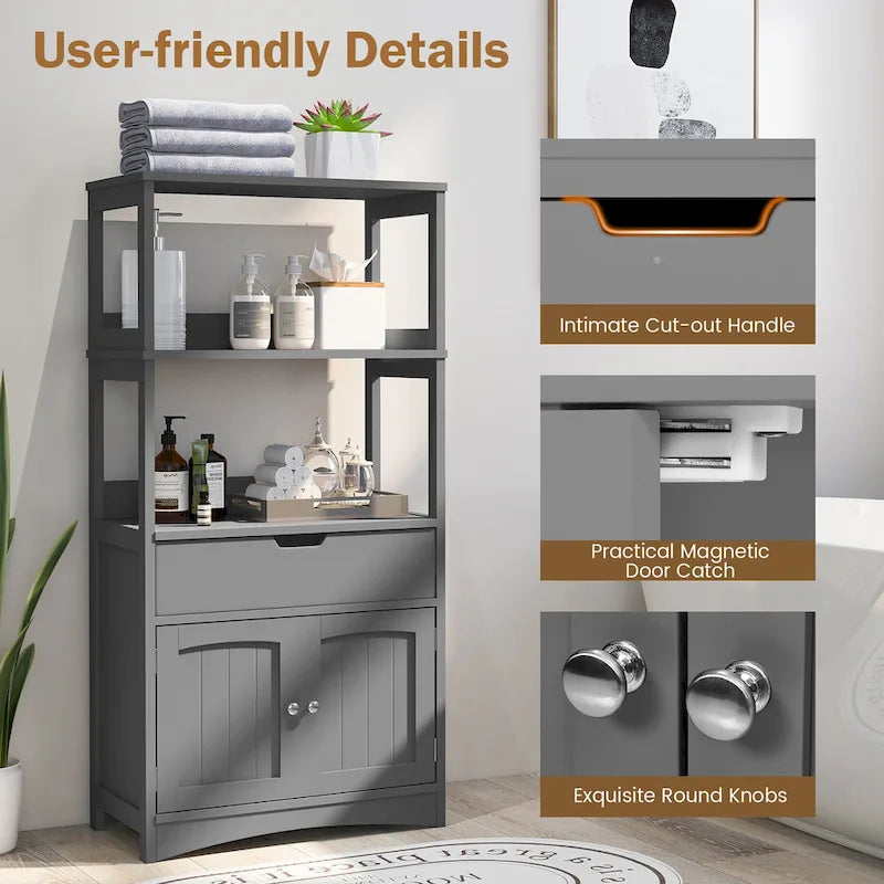 Armoire de rangement de salle de bain Gymax avec tiroir, étagère et placard, meuble sur pied - Voir détails