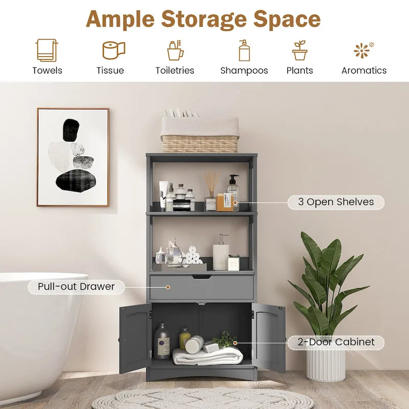 Armoire de rangement de salle de bain Gymax avec tiroir, étagère et placard, meuble sur pied - Voir détails