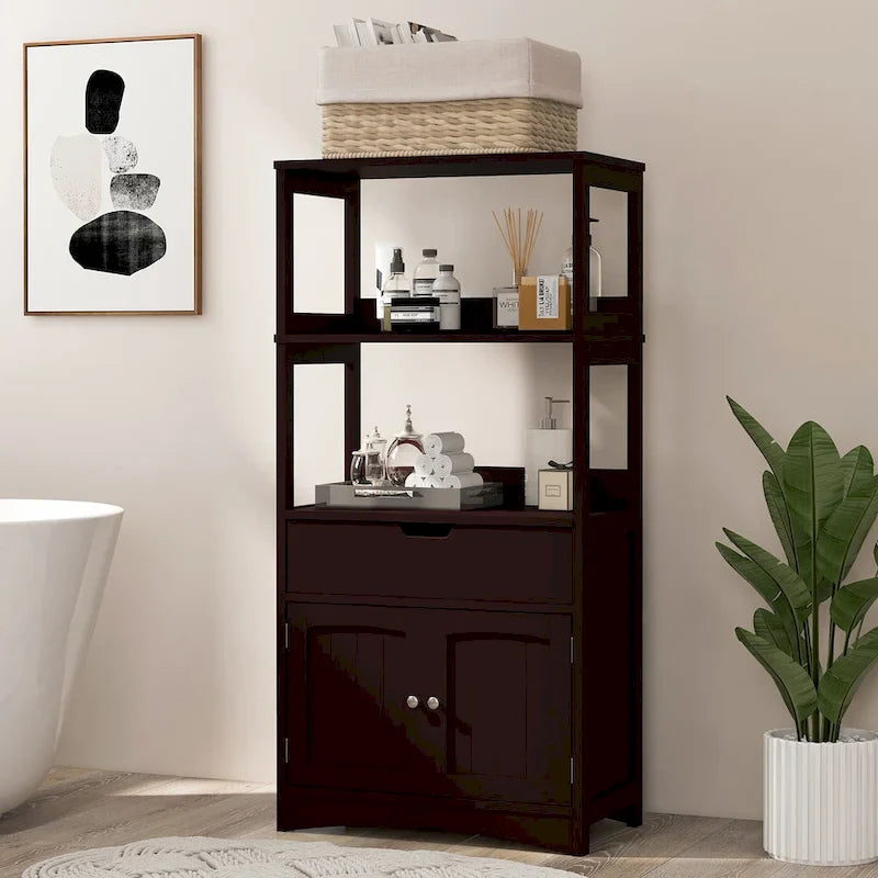 Meuble de rangement de salle de bain Gymax avec tiroir, étagère et armoire de sol - Voir détails