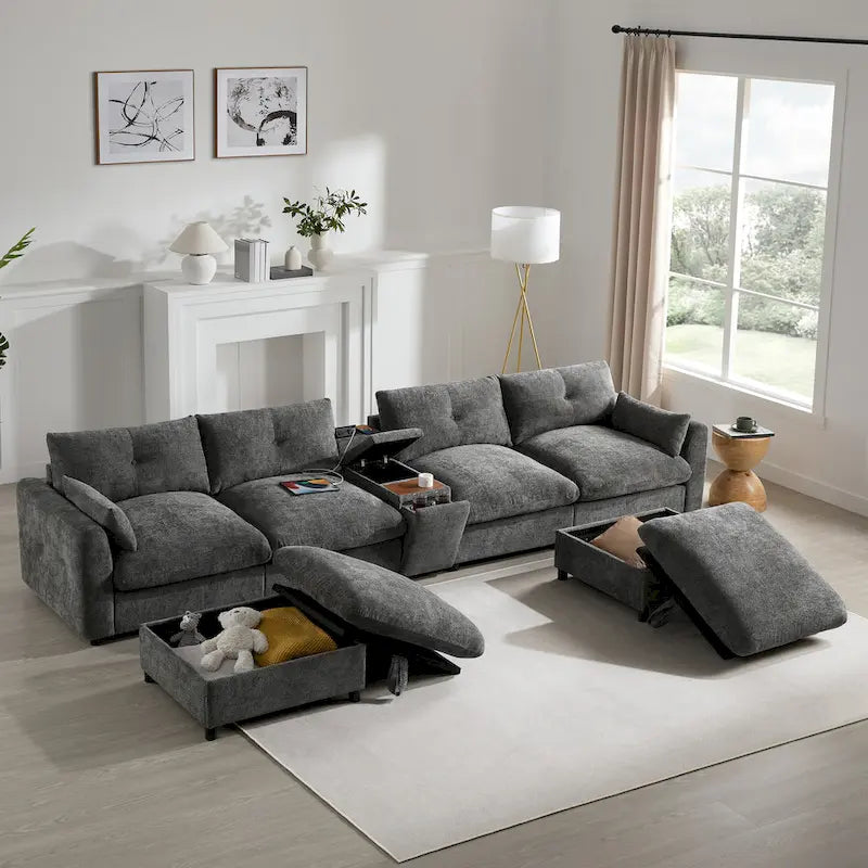 Canapé sectionnel modulable en forme de U 142 avec ottomans de rangement et console