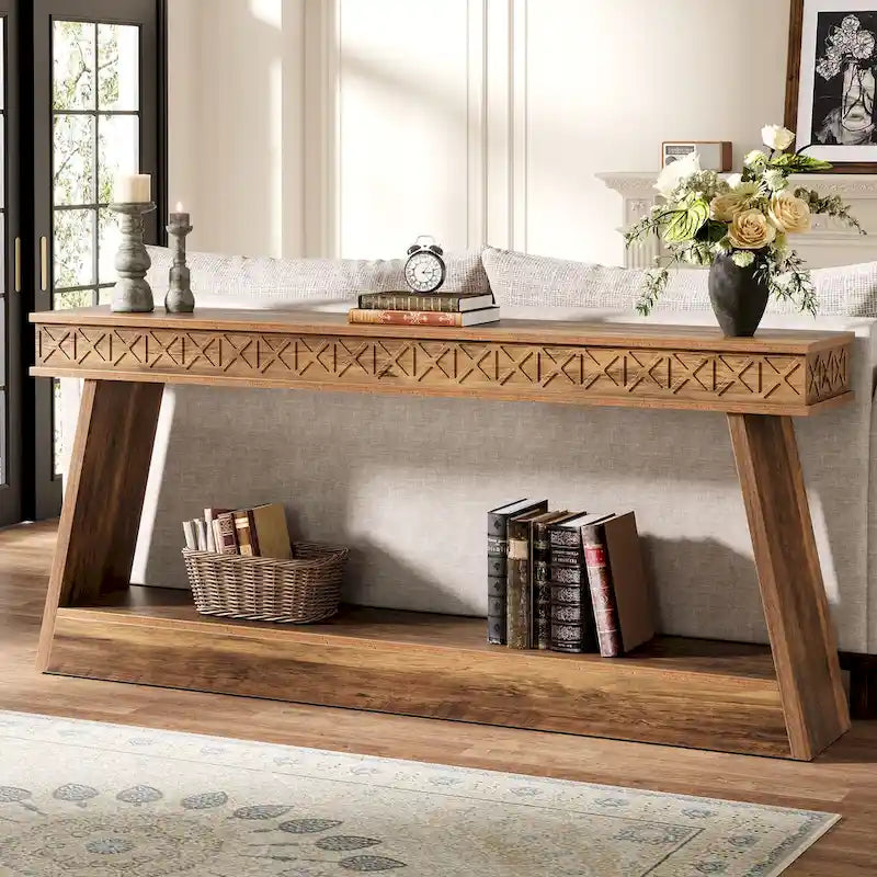 Console extra-longue 70.8 pouces avec étagère de rangement, table d'entrée 2 niveaux style ferme - 70.87 L x 11.81 L x 31.5 H