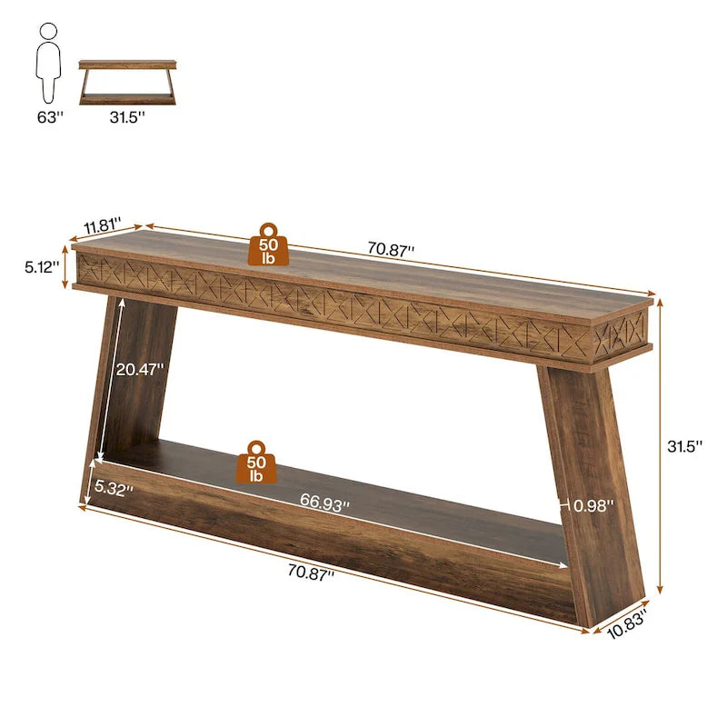 Console extra-longue 70.8 pouces avec étagère de rangement, table d'entrée 2 niveaux style ferme - 70.87 L x 11.81 L x 31.5 H