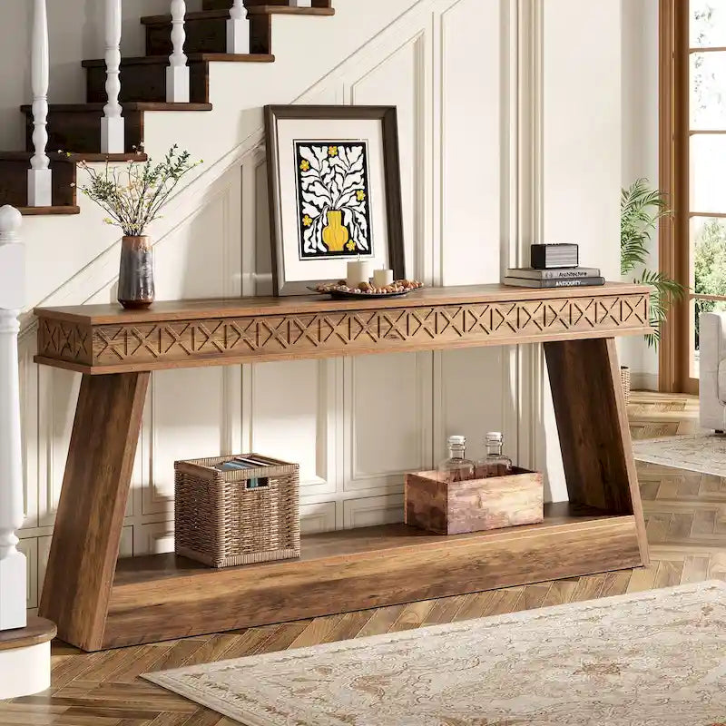 Console extra-longue 70.8 pouces avec étagère de rangement, table d'entrée 2 niveaux style ferme - 70.87 L x 11.81 L x 31.5 H
