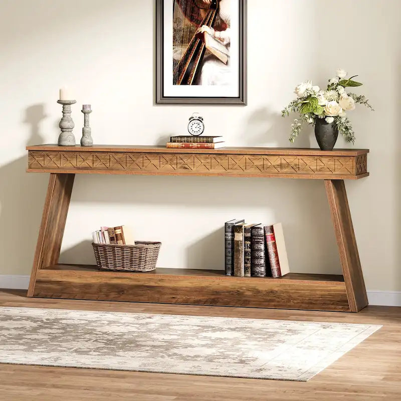 Console extra-longue 70.8 pouces avec étagère de rangement, table d'entrée 2 niveaux style ferme - 70.87 L x 11.81 L x 31.5 H