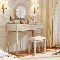 Coiffeuse de luxe avec miroir rond, hauteur réglable, ensemble coiffeuse élégant, 4 tiroirs et tabouret