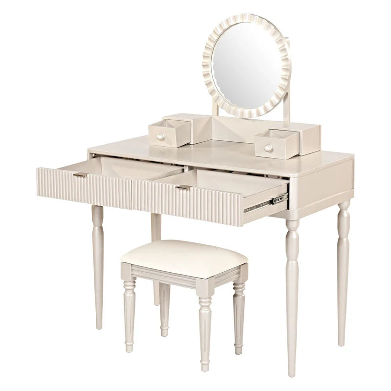 Coiffeuse de luxe avec miroir rond, hauteur réglable, ensemble coiffeuse élégant, 4 tiroirs et tabouret