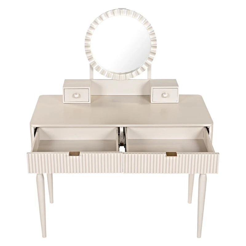 Coiffeuse de luxe avec miroir rond, hauteur réglable, ensemble coiffeuse élégant, 4 tiroirs et tabouret