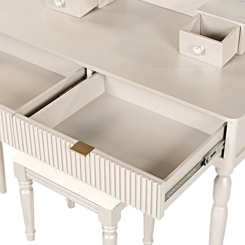Coiffeuse de luxe avec miroir rond, hauteur réglable, ensemble coiffeuse élégant, 4 tiroirs et tabouret