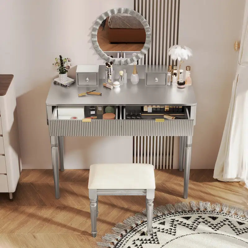 Coiffeuse de luxe avec miroir rond, hauteur réglable, ensemble coiffeuse élégant, 4 tiroirs et tabouret