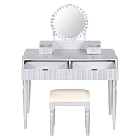 Coiffeuse de luxe avec miroir rond, hauteur réglable, ensemble coiffeuse élégant, 4 tiroirs et tabouret