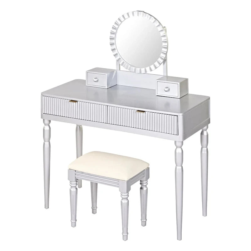 Coiffeuse de luxe avec miroir rond, hauteur réglable, ensemble coiffeuse élégant, 4 tiroirs et tabouret