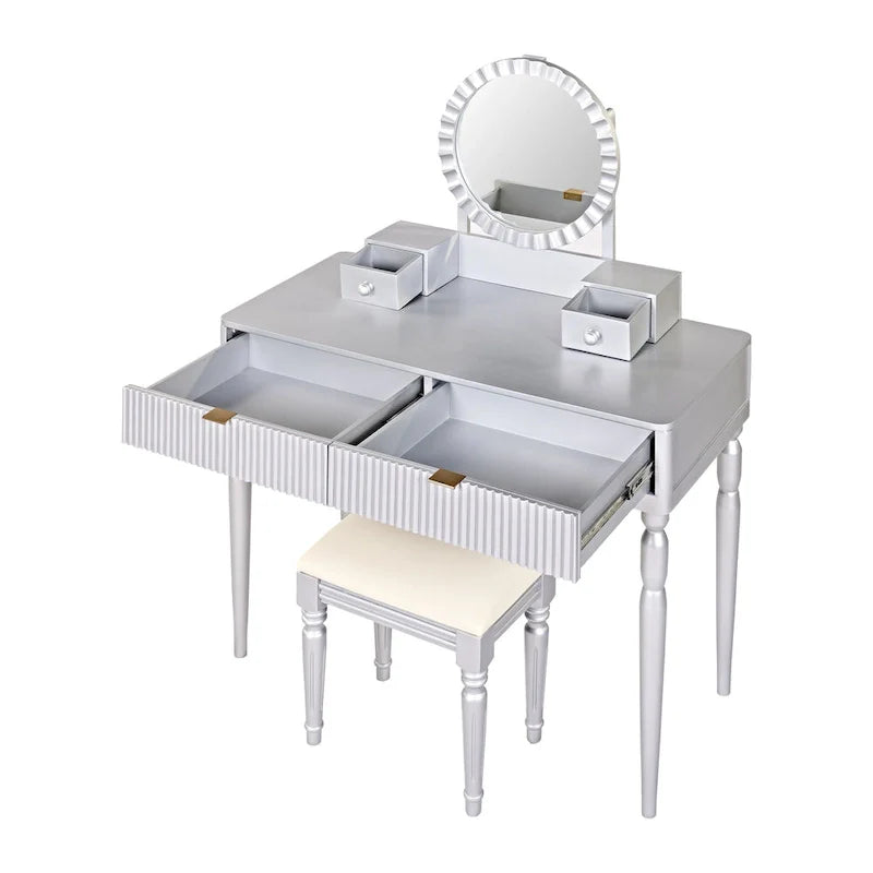 Coiffeuse de luxe avec miroir rond, hauteur réglable, ensemble coiffeuse élégant, 4 tiroirs et tabouret