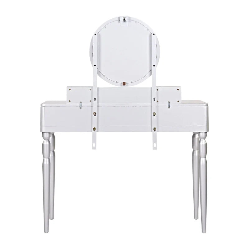 Coiffeuse de luxe avec miroir rond, hauteur réglable, ensemble coiffeuse élégant, 4 tiroirs et tabouret