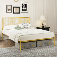 Cadre de lit plateforme Queen Size avec montants décoratifs, rangement sous le lit et sans besoin de sommier tapissier
