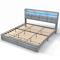 Lit plateforme King Size avec station de recharge rapide et tête de lit de rangement, éclairage RVB, ports USB 20W