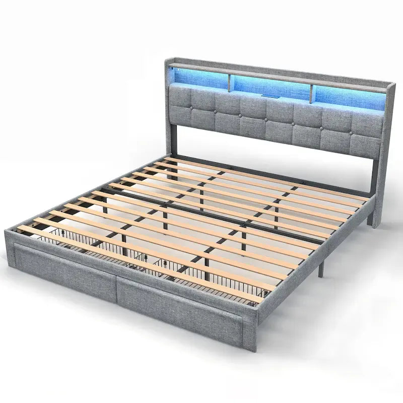 Lit plateforme King Size avec station de recharge rapide et tête de lit de rangement, éclairage RVB, ports USB 20W