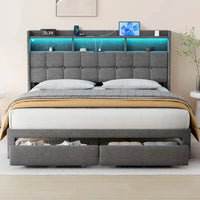 Lit plateforme King Size avec station de recharge rapide et tête de lit de rangement, éclairage RVB, ports USB 20W