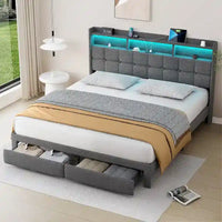 Lit plateforme King Size avec station de recharge rapide et tête de lit de rangement, éclairage RVB, ports USB 20W
