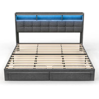 Lit plateforme King Size avec station de recharge rapide et tête de lit de rangement, éclairage RVB, ports USB 20W