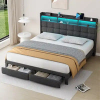 Lit plateforme King Size avec station de recharge rapide et tête de lit de rangement, éclairage RVB, ports USB 20W