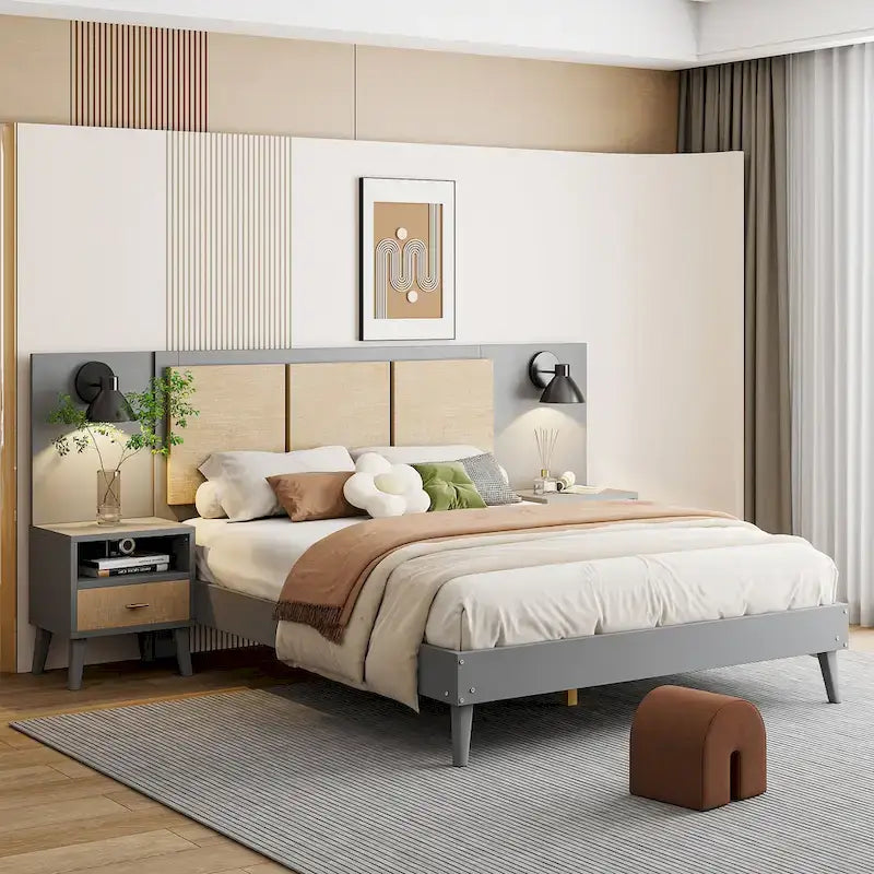 Lit plateforme Queen Size en bois massif avec tables de chevet intégrées et lampes de tête de lit