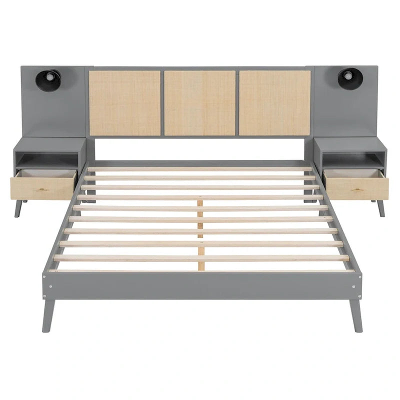 Lit plateforme Queen Size en bois massif avec tables de chevet intégrées et lampes de tête de lit