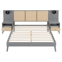 Lit plateforme Queen Size en bois massif avec tables de chevet intégrées et lampes de tête de lit