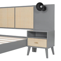 Lit plateforme Queen Size en bois massif avec tables de chevet intégrées et lampes de tête de lit
