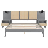 Lit plateforme Queen Size en bois massif avec tables de chevet intégrées et lampes de tête de lit