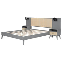Lit plateforme Queen Size en bois massif avec tables de chevet intégrées et lampes de tête de lit