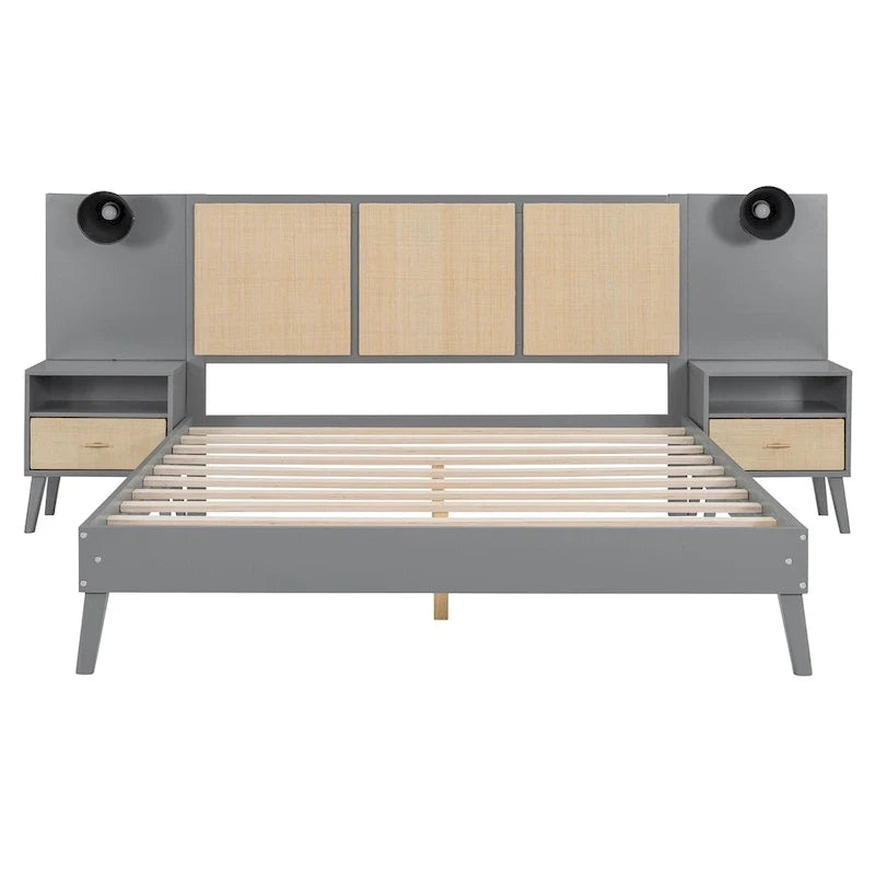 Lit plateforme Queen Size en bois massif avec tables de chevet intégrées et lampes de tête de lit